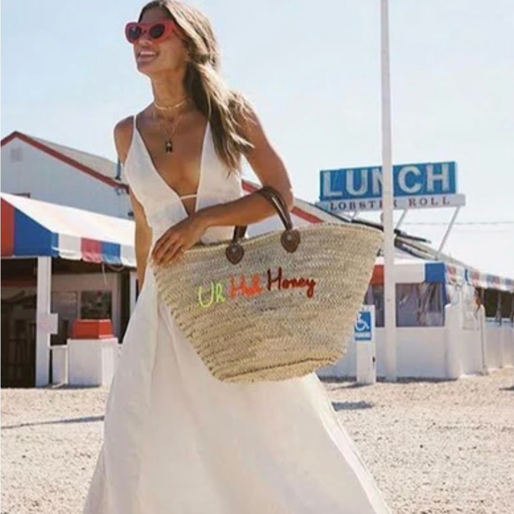 Poolside straw tote with leather handles